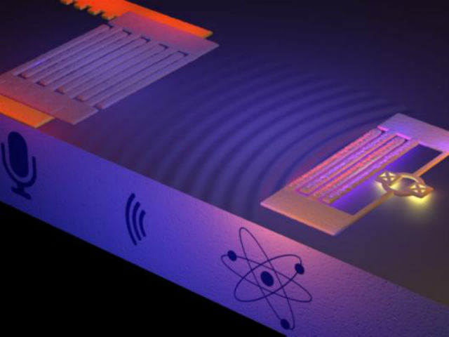 Справа: искусственный атом генерирует звуковые волны, обозначенные в виде ряби на поверхности твёрдого тела. Слева: "микрофон" из металлических пластин ловит звук в виде поверхностных акустических волн. Звук, согласно теории, состоит из потока квантовых частиц (иллюстрация Philip Krantz, Krantz NanoArt). 