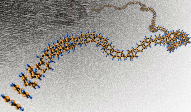 Нанонити из микроскопических алмазов образовались в результате сжатия бензола (иллюстрация Vincent Crespi lab, Penn State University). 