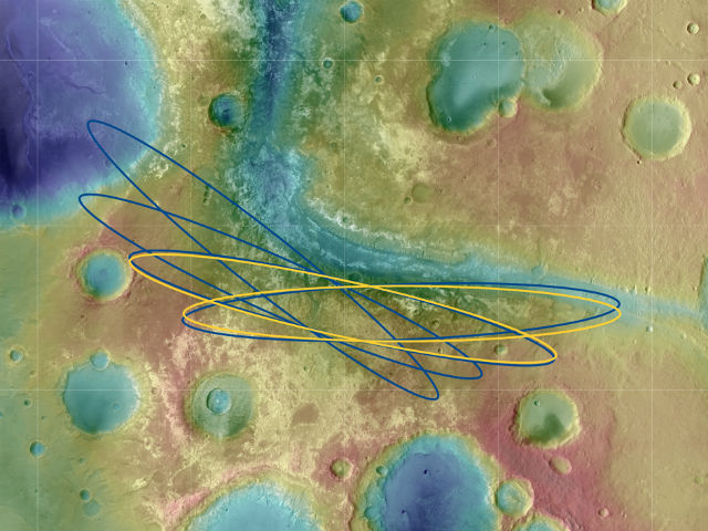 Эллипсы зон возможной посадки в долине Морс (иллюстрация ESA/DLR/FU Berlin & NASA MGS MOLA Science Team).