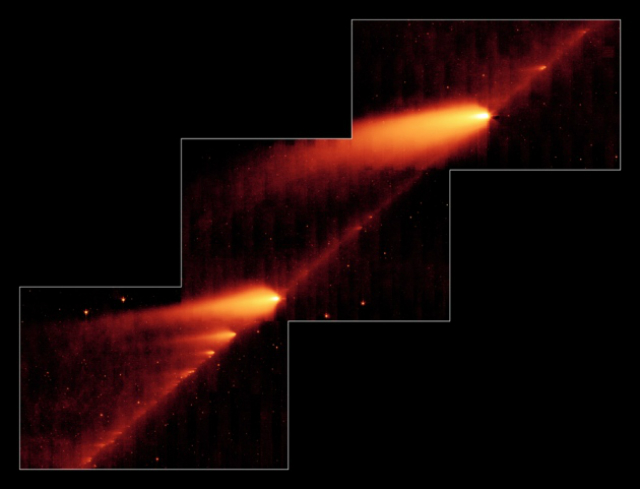 Вокруг далёкой звезды вращаются сотни комет. Также там была обнаружена "нитка жемчуга", вероятно, образовавшаяся вследствие распада крупного объекта (фото NASA/JPL-Caitech/W.Reach (SSC/Caitech)). 