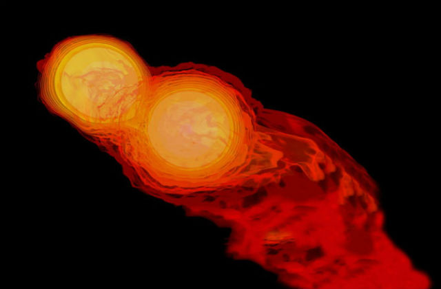 Слияние нейтронных звёзд в представлении художника (иллюстрация Goddard Space Flight Center/NASA). 