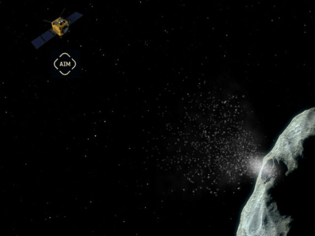 Аппарат AIM наблюдает столкновение аппарата DART с астероидом (иллюстрация ESA — Science Office).