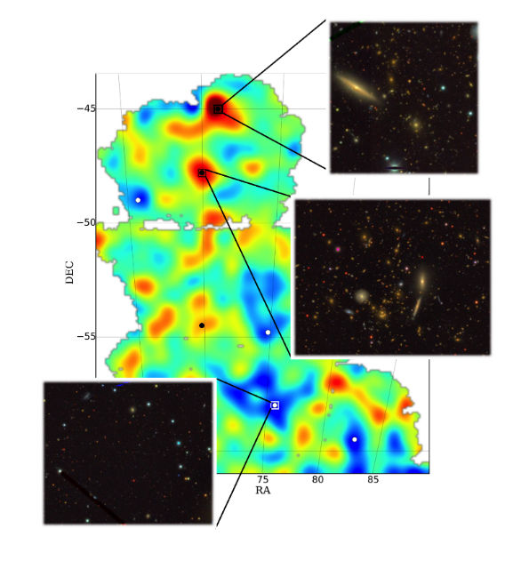 Учёные обнаружили как гигантские пустоты, так и сверхскопления тёмной материи (иллюстрация Dark Energy Survey). 