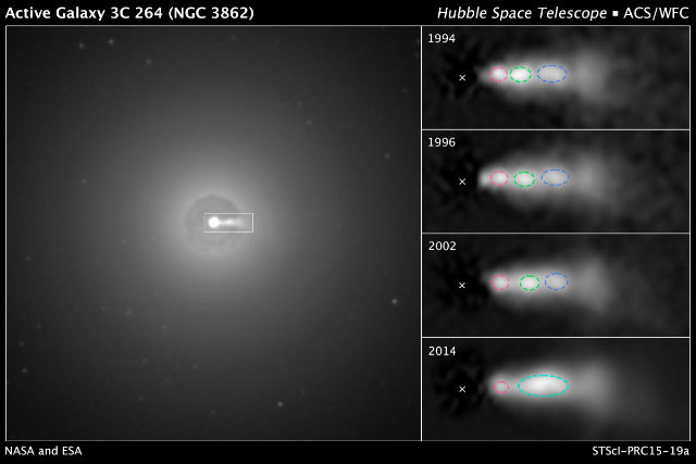 Покадровое изображение столкновения и выбросов плазмы вблизи чёрной дыры NGC 3862 (фото NASA/ESA/E.Meyer/ STScI).