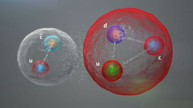 Кварки в "пентакварке" также могут формировать мезонно-барионную молекулу. Слева показан мезон (один кварк и один антикварк), справа — барион (три кварка), которые слабо связаны друг с другом (иллюстрация Daniel Dominguez).