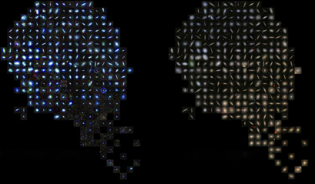 Галактики космического телескопа "Гершель": в инфракрасном диапазоне (слева) и в видимом свете (справа) (фото ESA/Herschel/HRS-SAG2, HeViCS Key Programmes/L. Cortese (Swinburne University); Sloan Digital Sky Survey/L. Cortese).
