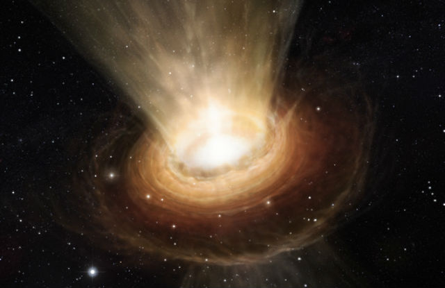 Сверхмассивная чёрная дыра в представлении художника (иллюстрация ESO/M. Kornmesser). 