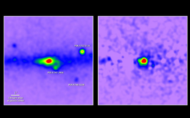 Слева: схема распределения всего гамма-излучения в центре нашей галактики (подписи указывают на известные пульсары). Справа: схема избыточных гамма-лучей, с которой удалено излучение от всех известных источников (иллюстрация T. Linden, Univ. of Chicago).