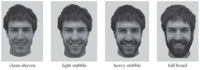 Учёные делали фотографии волонтёров при одинаковом освещении, когда они были гладко выбриты, с лёгкой щетиной (через 5 дней), с густой щетиной (10 дней) и уже с вполне отчётливой бородой (4 недели) (фото University of New South Wales).
