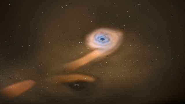 Бинарная чёрная дыра в обычной галактике в представлении художника (иллюстрация ESA/C. Carreau). 