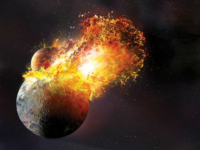 Основная теория гласит, что Луна сформировалась из обломков, оставшихся после столкновения Земли с некой протопланетой (иллюстрация Dana Berry, Robin Canup, SWRI). 