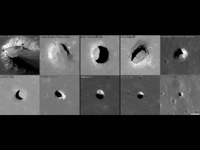 Ямы были обнаружены в лунных морях, на высокогорьях и внутри кратеров (фото NASA/GSFC/Arizona State University). 