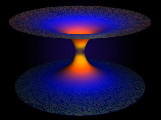 Согласно квантовой гравитации, звезда коллапсирует в чёрную дыру, а та превращается в белую посредством квантового скачка (иллюстрация A. Corichi/J.P. Ruiz). 
