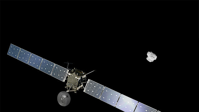 Так в представдении художника выглядела "Розетта" при приближении к комете 2 августа 2014 года 